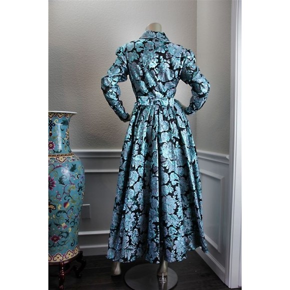 NWT ERDEM Teal Green Metallic Black Gray Floral Flower Gown Midi Dress 44 8 - Picture 8 of 11